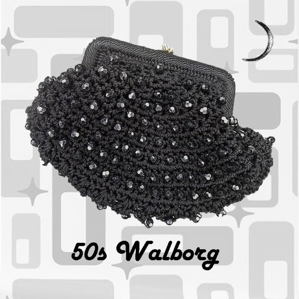 Vintage Black Walborg Beaded Clutch, RARE Collectible 50s Mini Purse – Italy